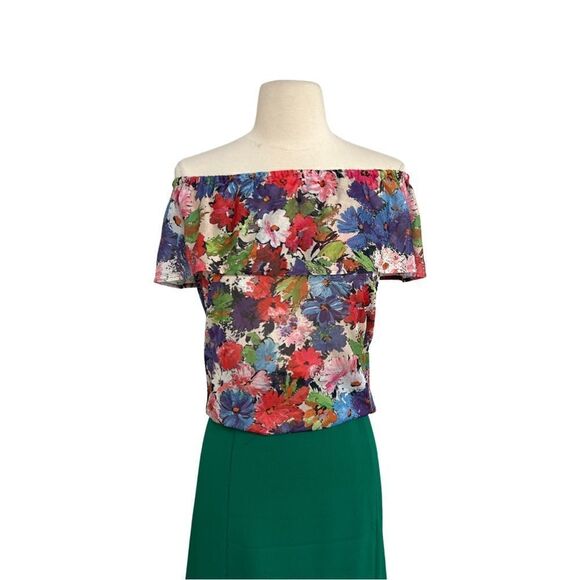 Vibrant Vintage 70s Flower Power Ruffle Could Shoulder Flouncy Floral Print Top - Picture 4 of 10
